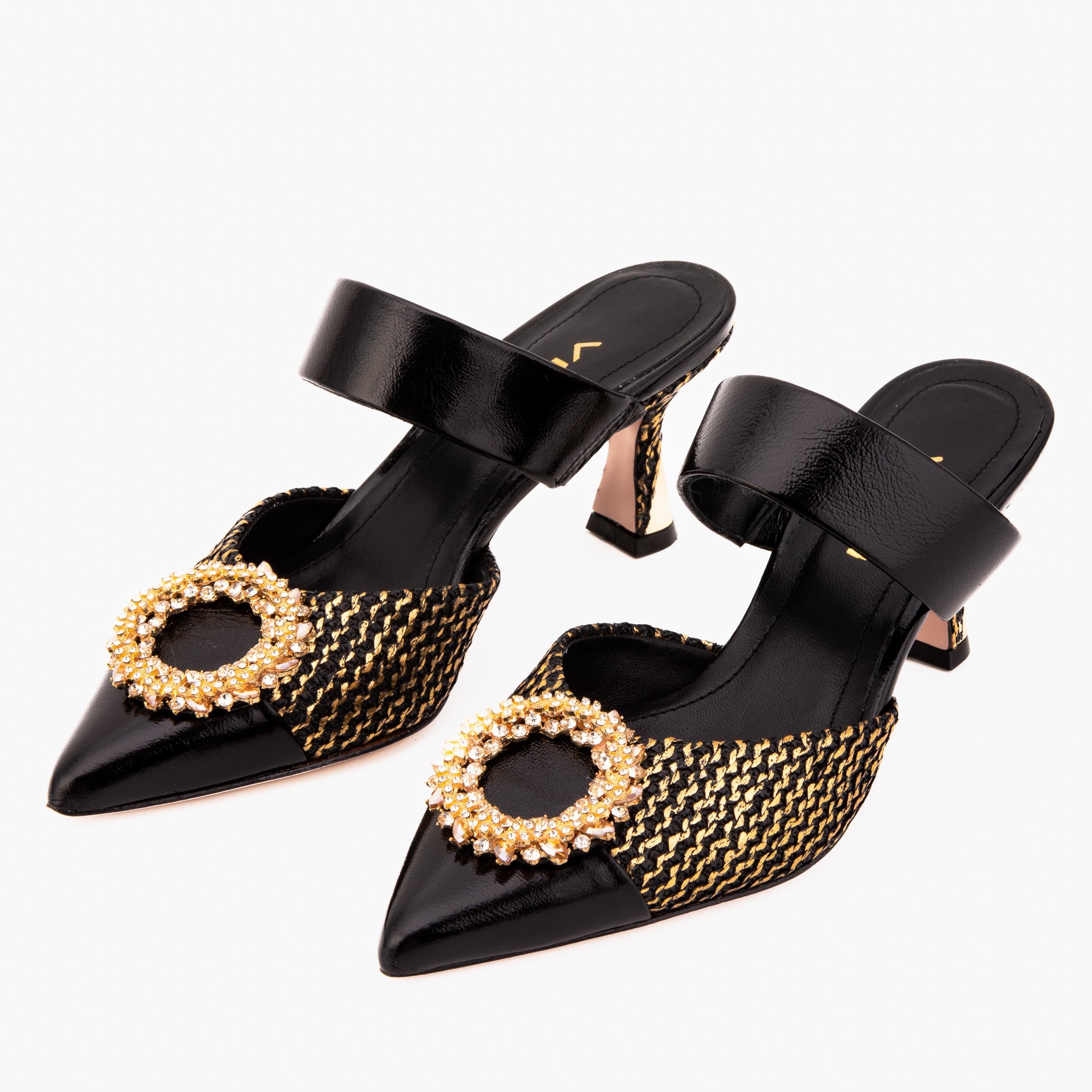 The Valencia Black & Gold Jewel Heel Women Mule Sandal