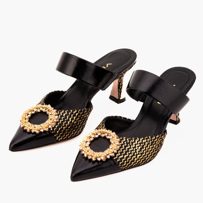 The Valencia Black & Gold Jewel Heel Women Mule Sandal