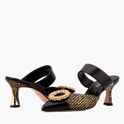 The Valencia Black & Gold Jewel Heel Women Mule Sandal