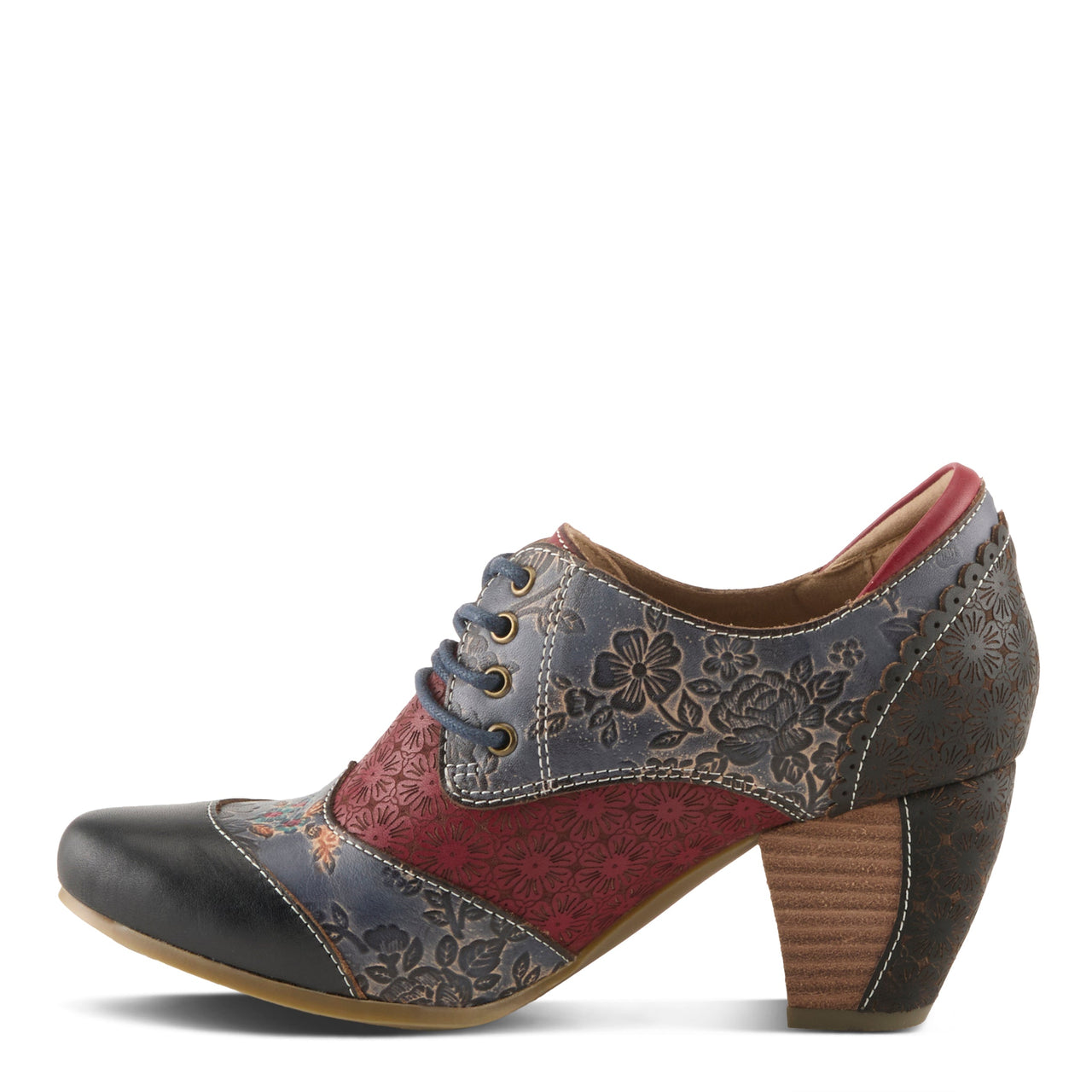 Classy L'ARTISTE ADELVICE-FLEUR SHOES in Navy and Maroon Leather with Floral Laser-cut Design