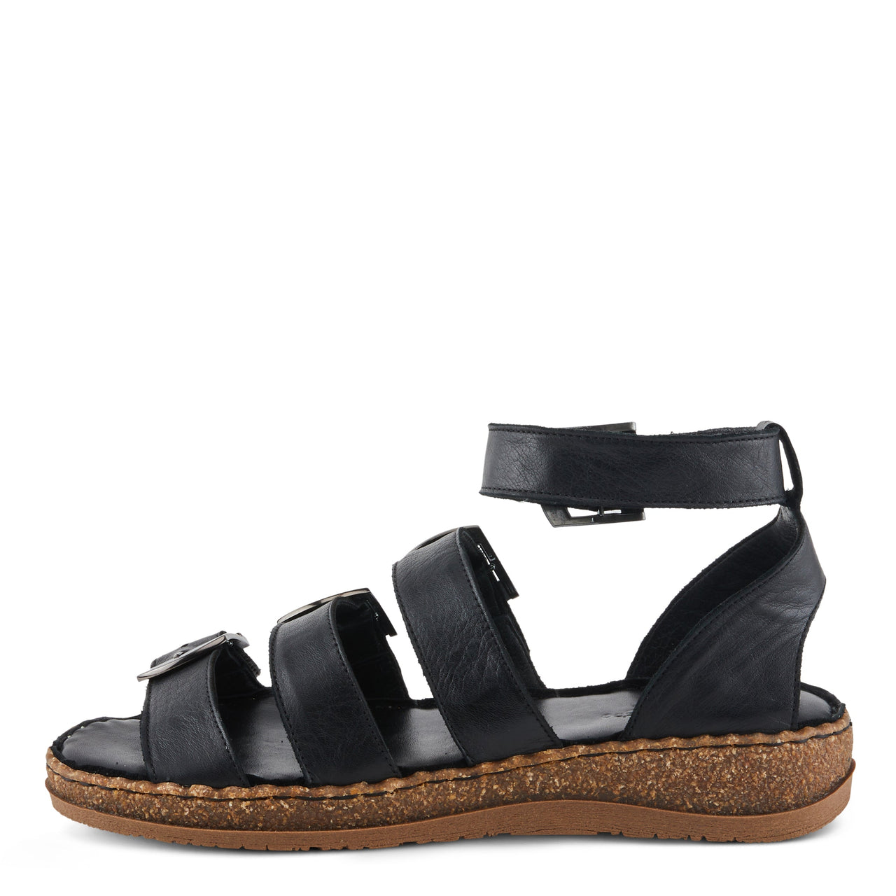 Women's Spring Step Alexcia Sandals in Black Leather with Floral Embellishments and Adjustable Straps for Comfortable and Stylish Summer Wear