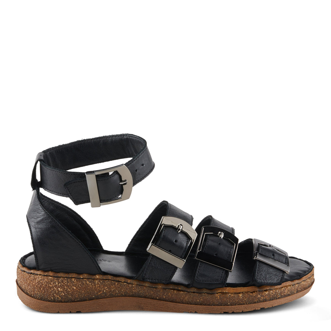 Spring Step Alexcia Sandals: Women's black leather open-toe sandals with floral design and cushioned insole for all-day comfort and style