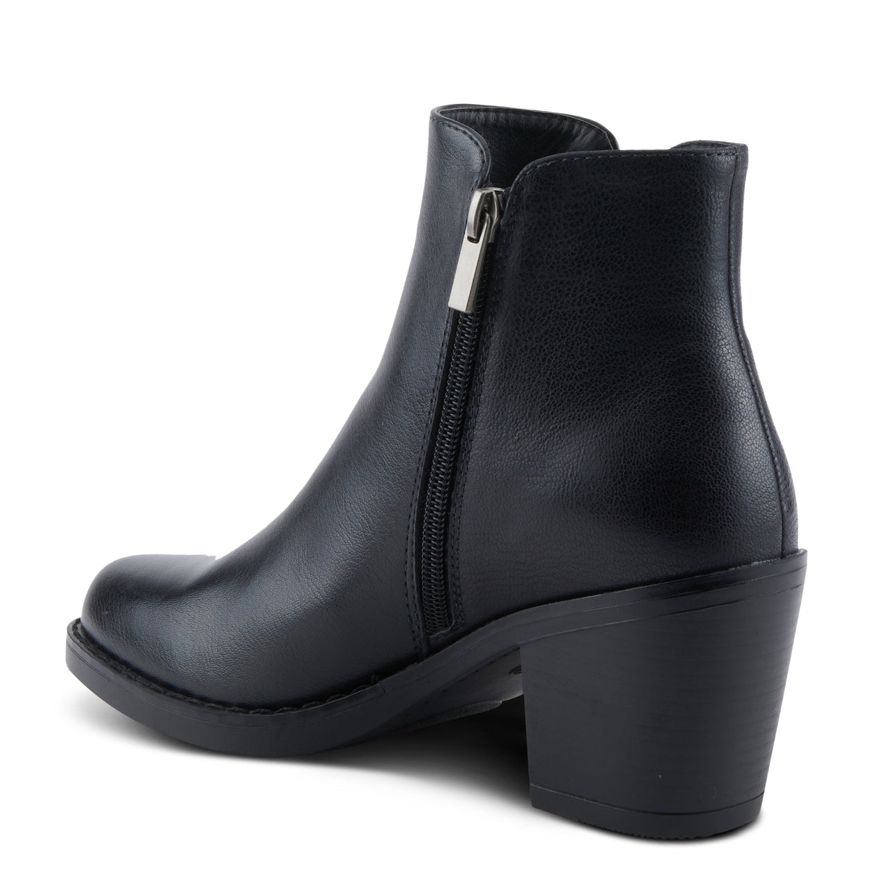 Black leather Patrizia ankle boots with decorative buckle detail and stacked heel