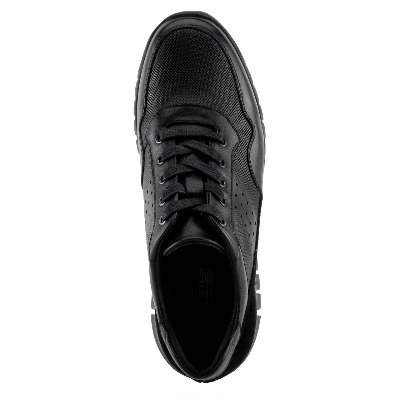 Black leather lace-up men's sneakers with cushioned insoles and flexible rubber outsoles from Spring Step Alton collection