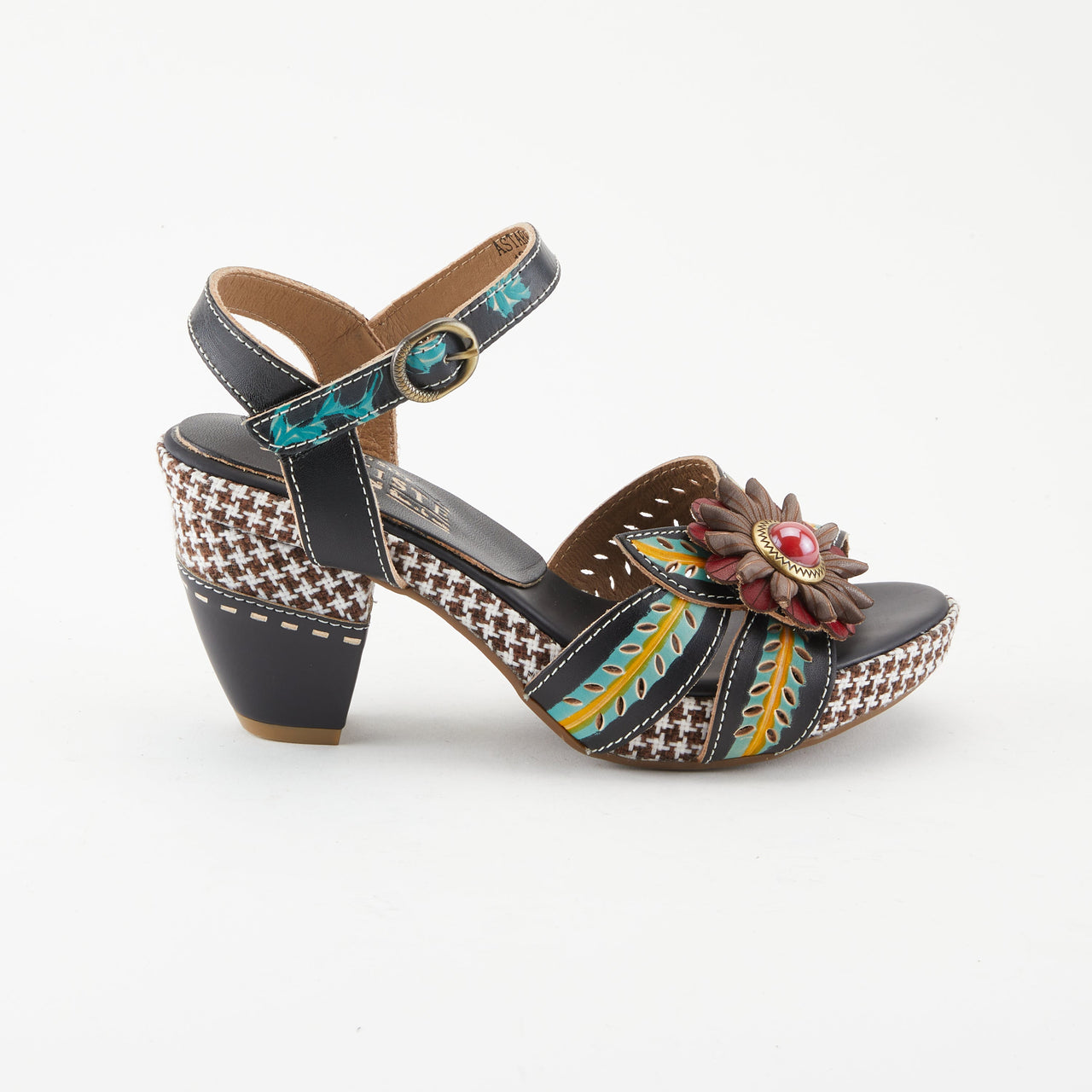 L'ARTISTE ASTARR SANDALS in metallic with embossed leather and adjustable ankle strap