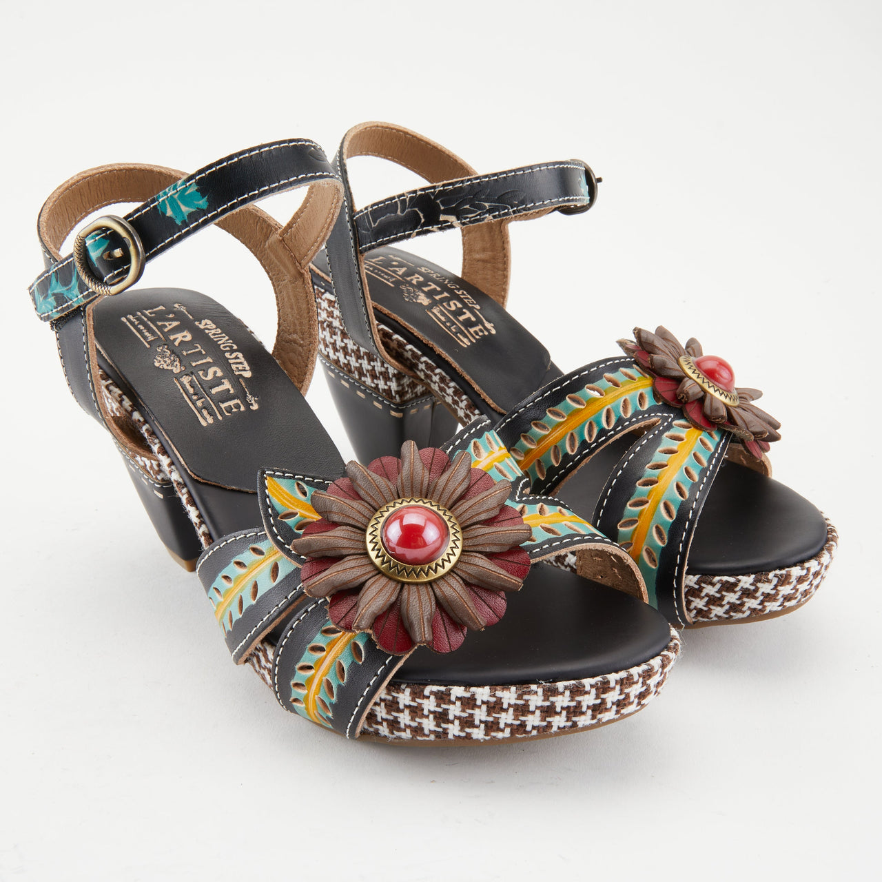 Chic and colorful artisan sandals with floral accents and cushioned footbed