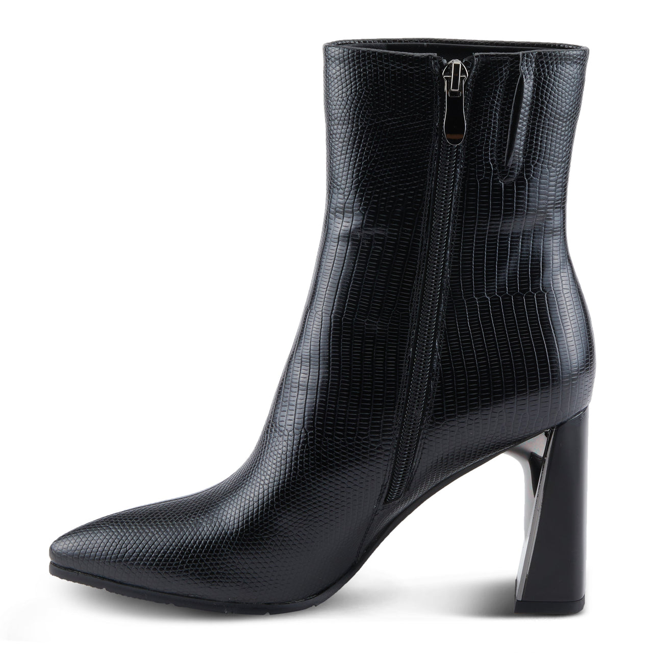 Black leather Azura Attention boots with studded detailing and chunky heel