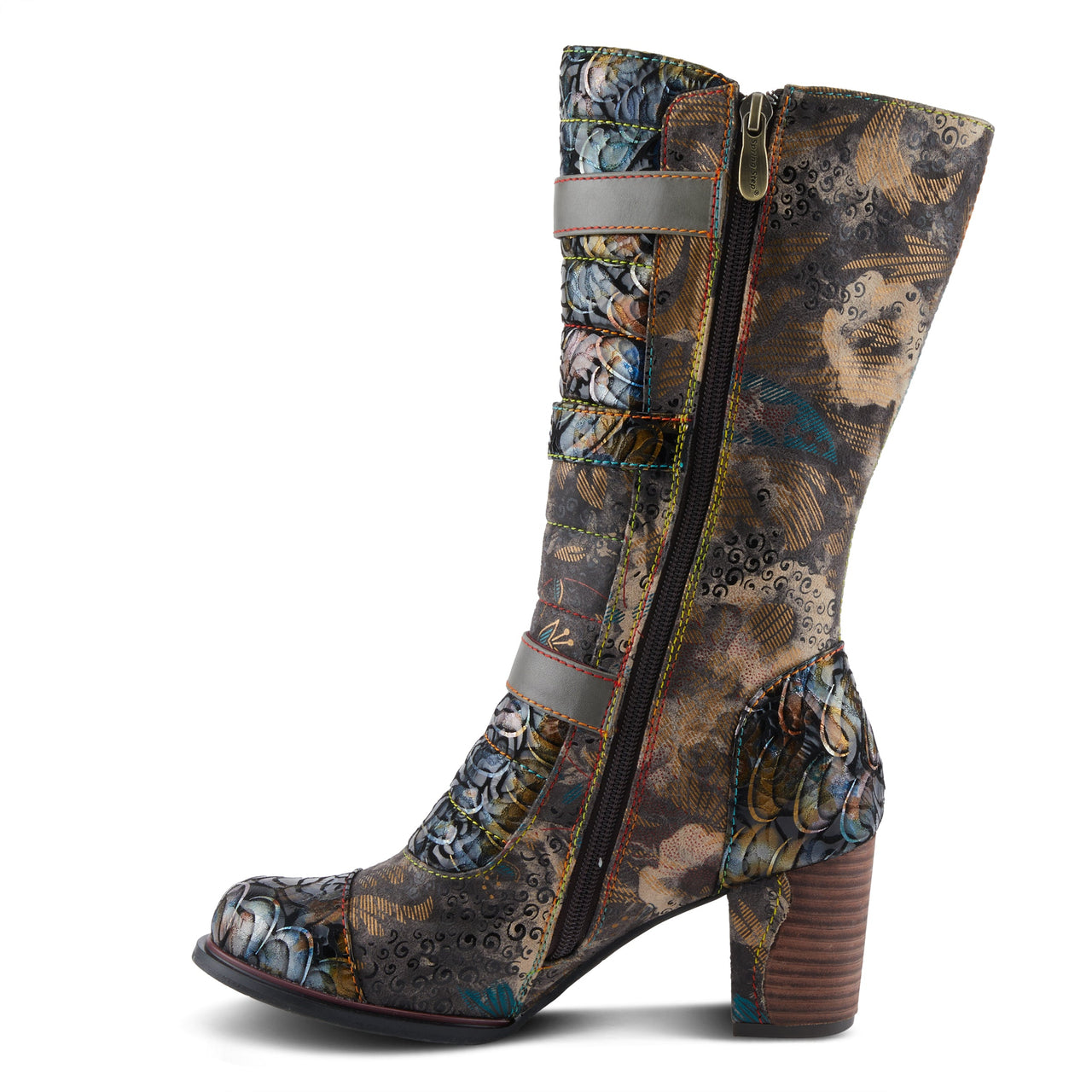 L'ARTISTE AVERIE BOOTS in rich brown leather with intricate stitching and stacked heel