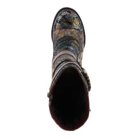 Thumbnail for A pair of handcrafted leather Averie boots by L'Artiste, featuring intricate floral and geometric embossed designs, a stacked heel, and a comfortable cushioned footbed