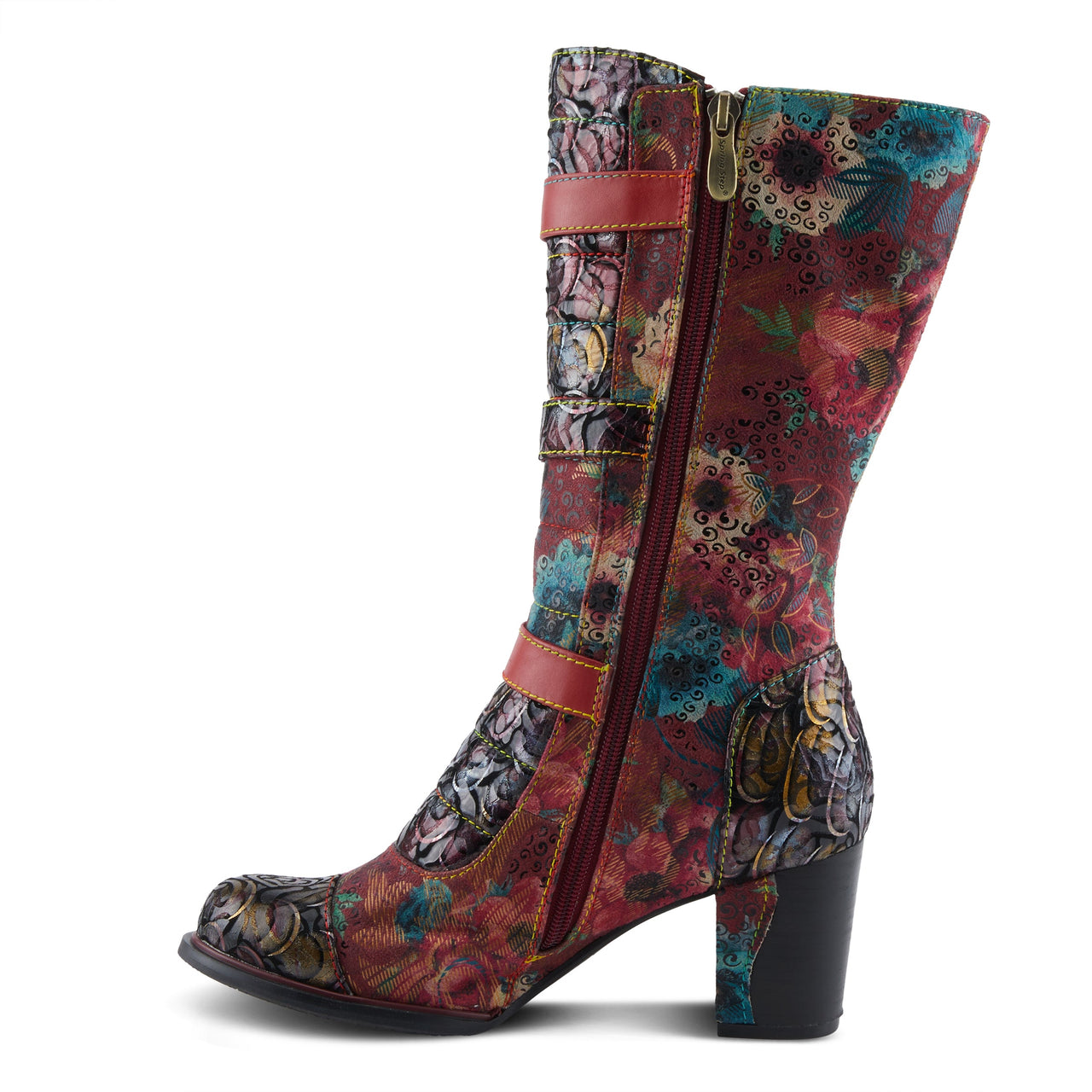 A pair of hand-painted leather ankle boots in rich brown color with intricate floral design by L'Artiste Averie