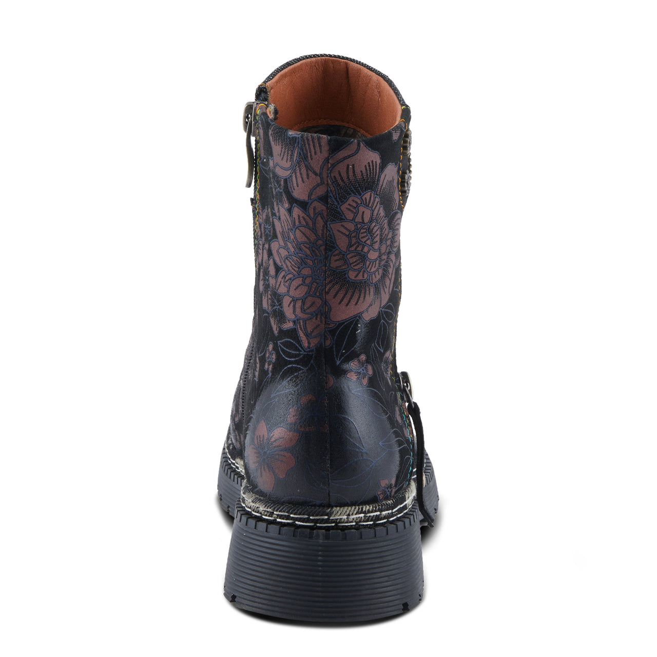 Brown leather L'Artiste Avrilrose boots with decorative floral embroidery and stacked heel