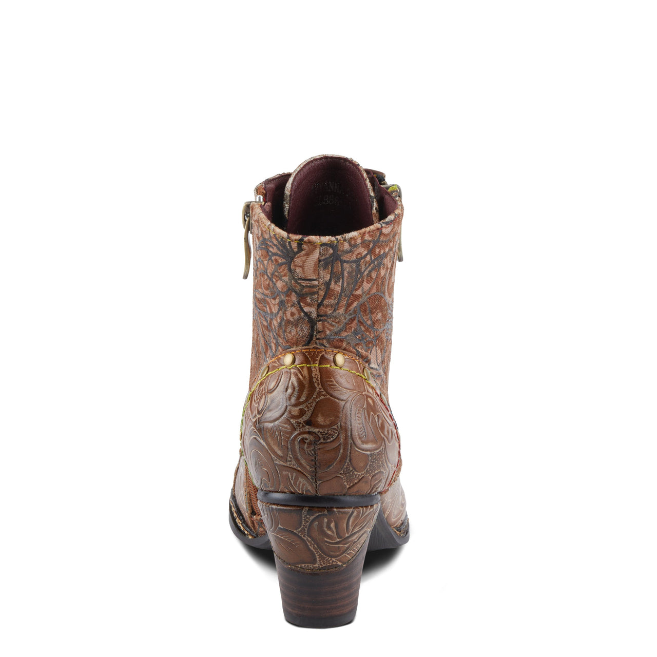  Fashionable leather boots with embossed floral pattern and lace-up front