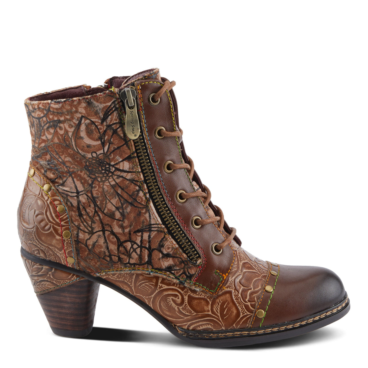  Stylish leather boots with hand-painted floral design and decorative side buckle