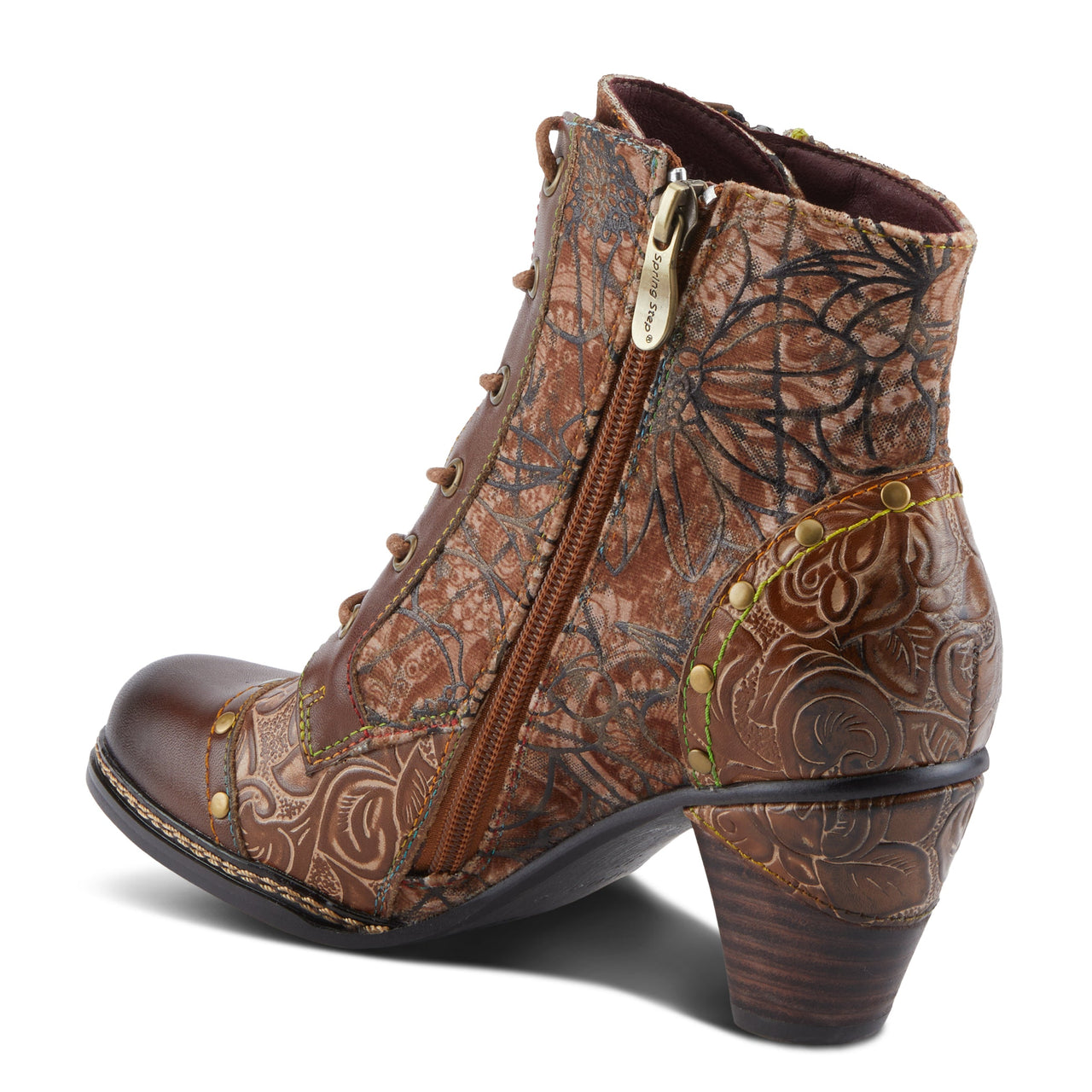  Classic leather boots with embossed floral pattern and decorative buttons