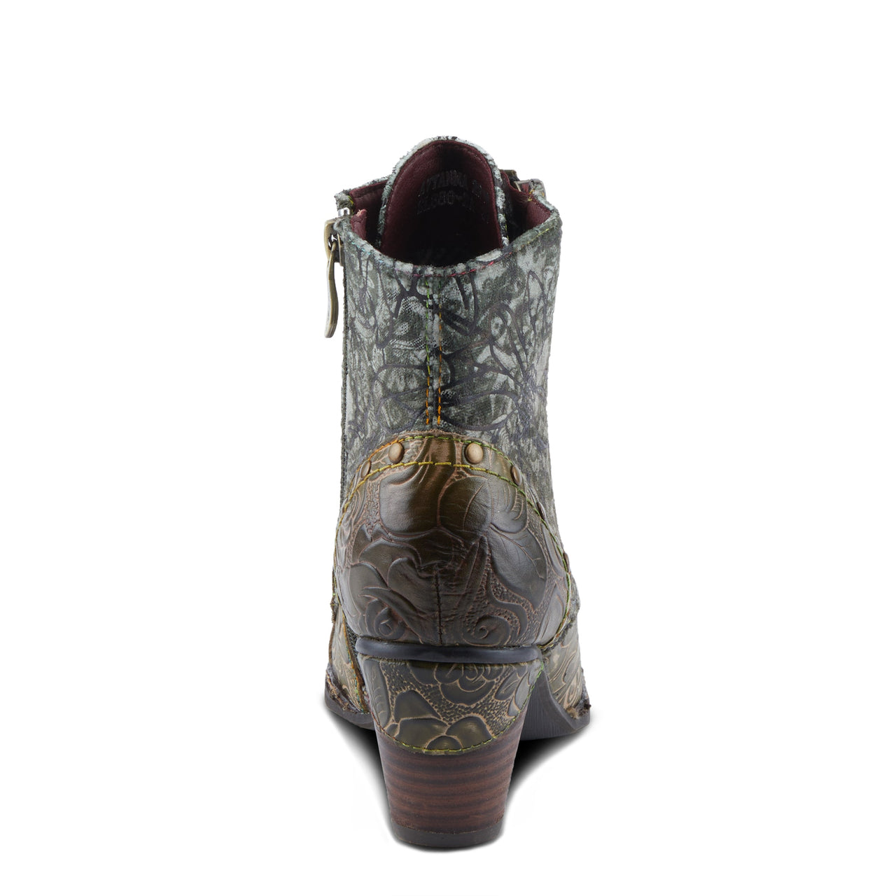  Rustic leather boots with embossed floral pattern and decorative buttons