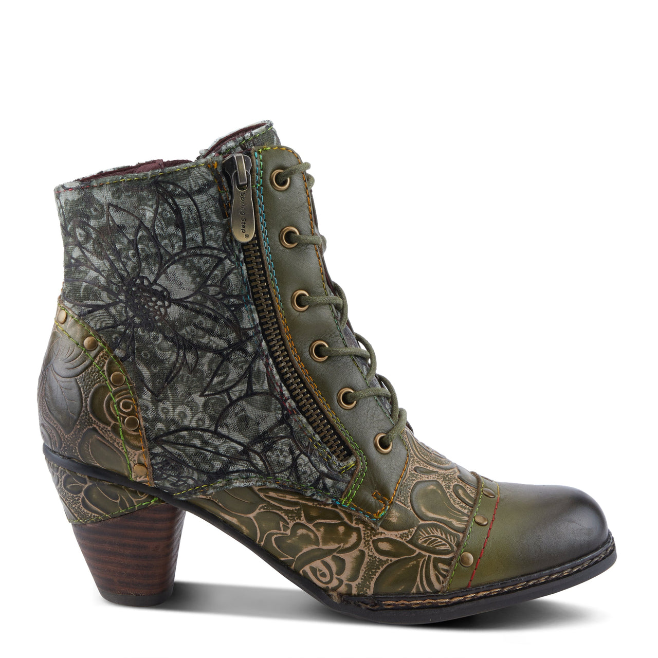  Vintage-inspired leather boots with colorful floral design and stacked heel