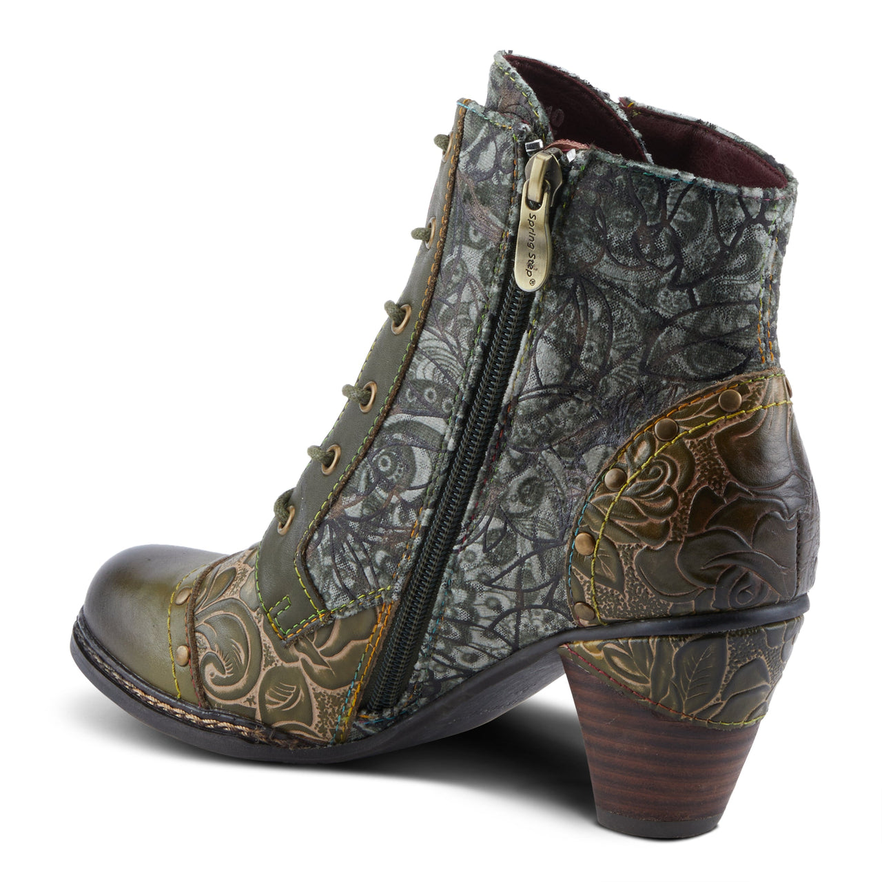  Trendy leather boots with embossed floral pattern and side zipper