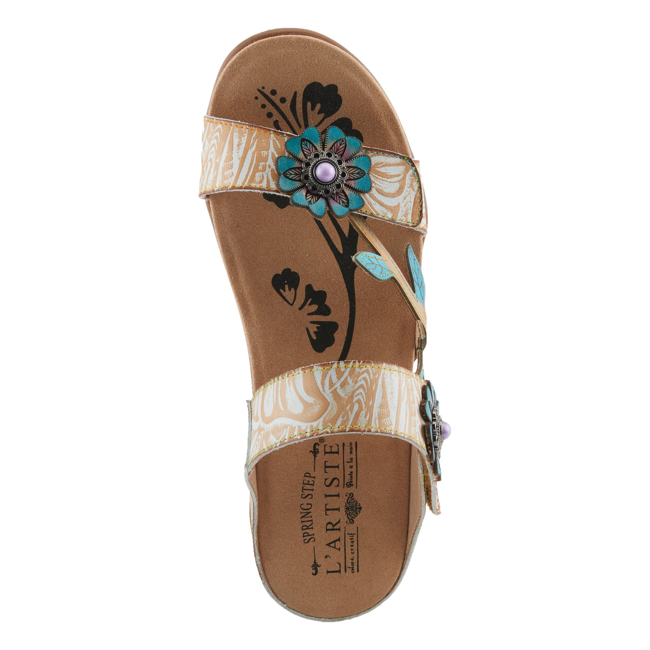 Eye-catching L'ARTISTE AYMEE SLIDE SANDALS with intricate hand-painted details and embossed accents