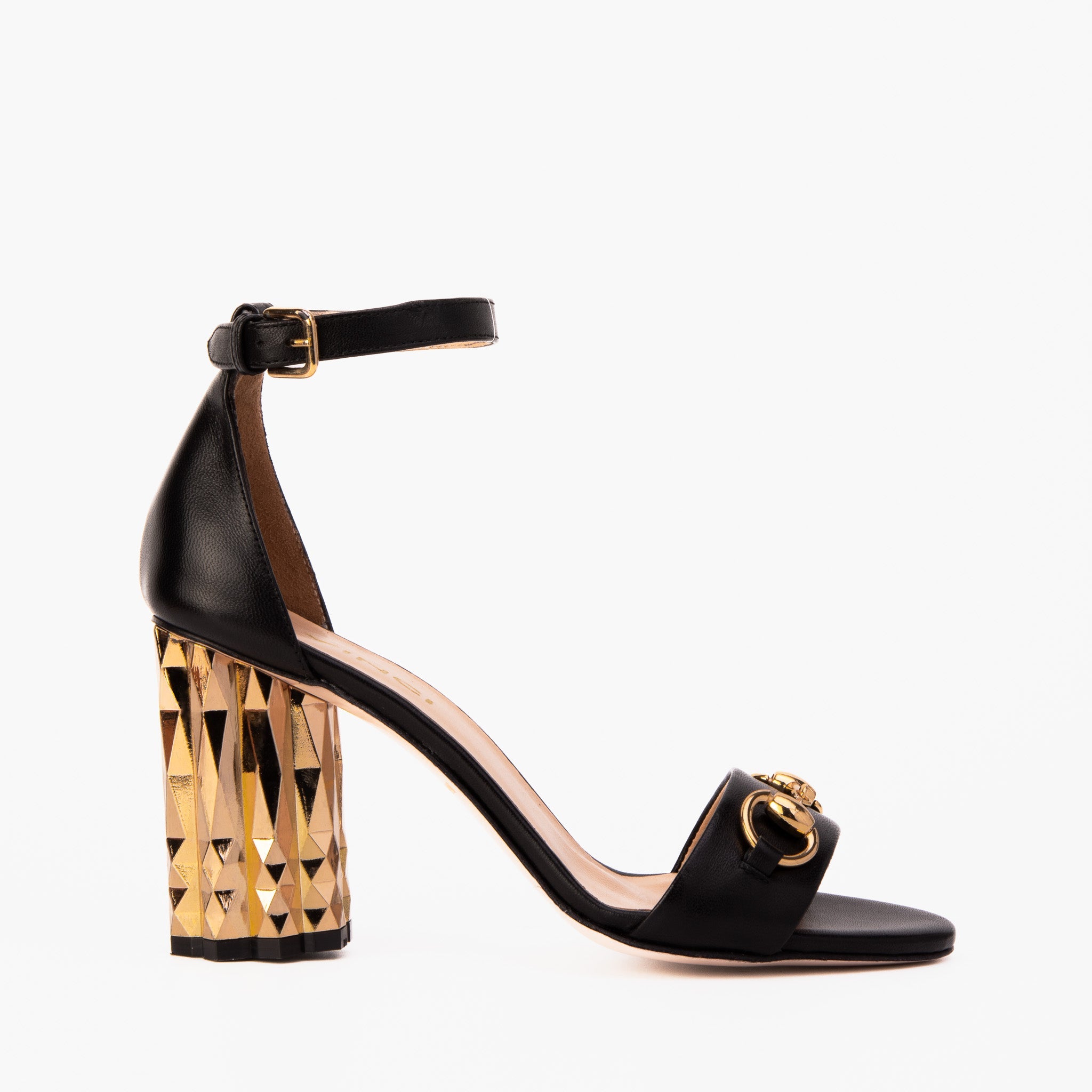 The Avlonya Block Heel Black Leather Ankle Strap Women Sandal