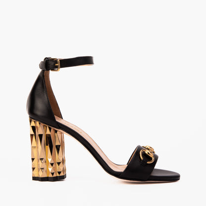 The Avlonya Block Heel Black Leather Ankle Strap Women Sandal