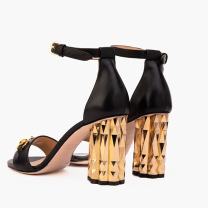 The Avlonya Block Heel Black Leather Ankle Strap Women Sandal