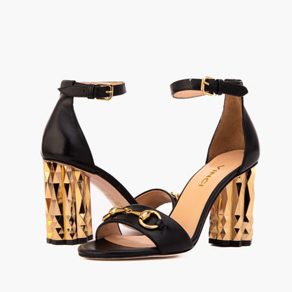 The Avlonya Block Heel Black Leather Ankle Strap Women Sandal