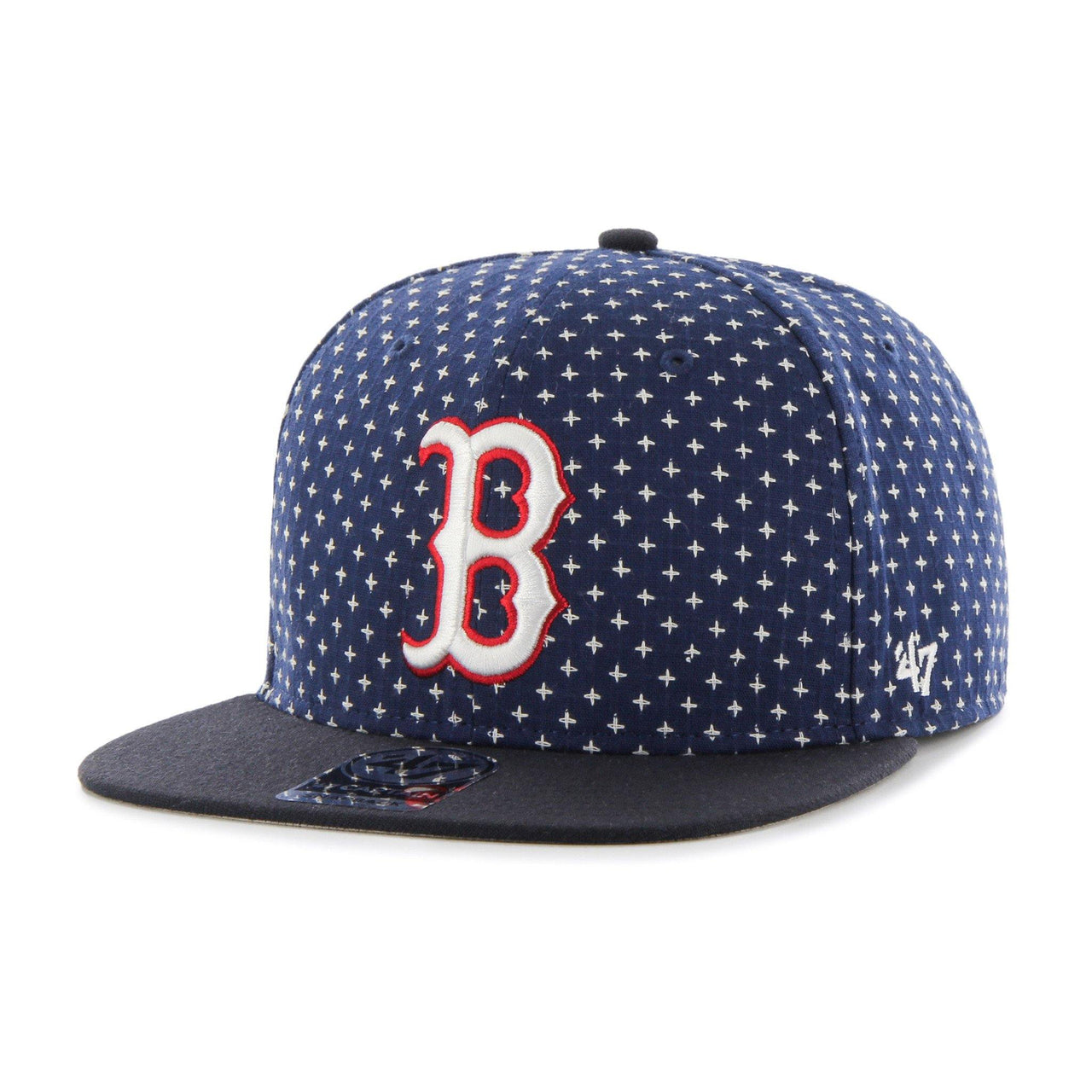 Mens 47 Brand Boston Red Sox Captain Snapback in Navy Blue, front view, with team logo embroidered on the front