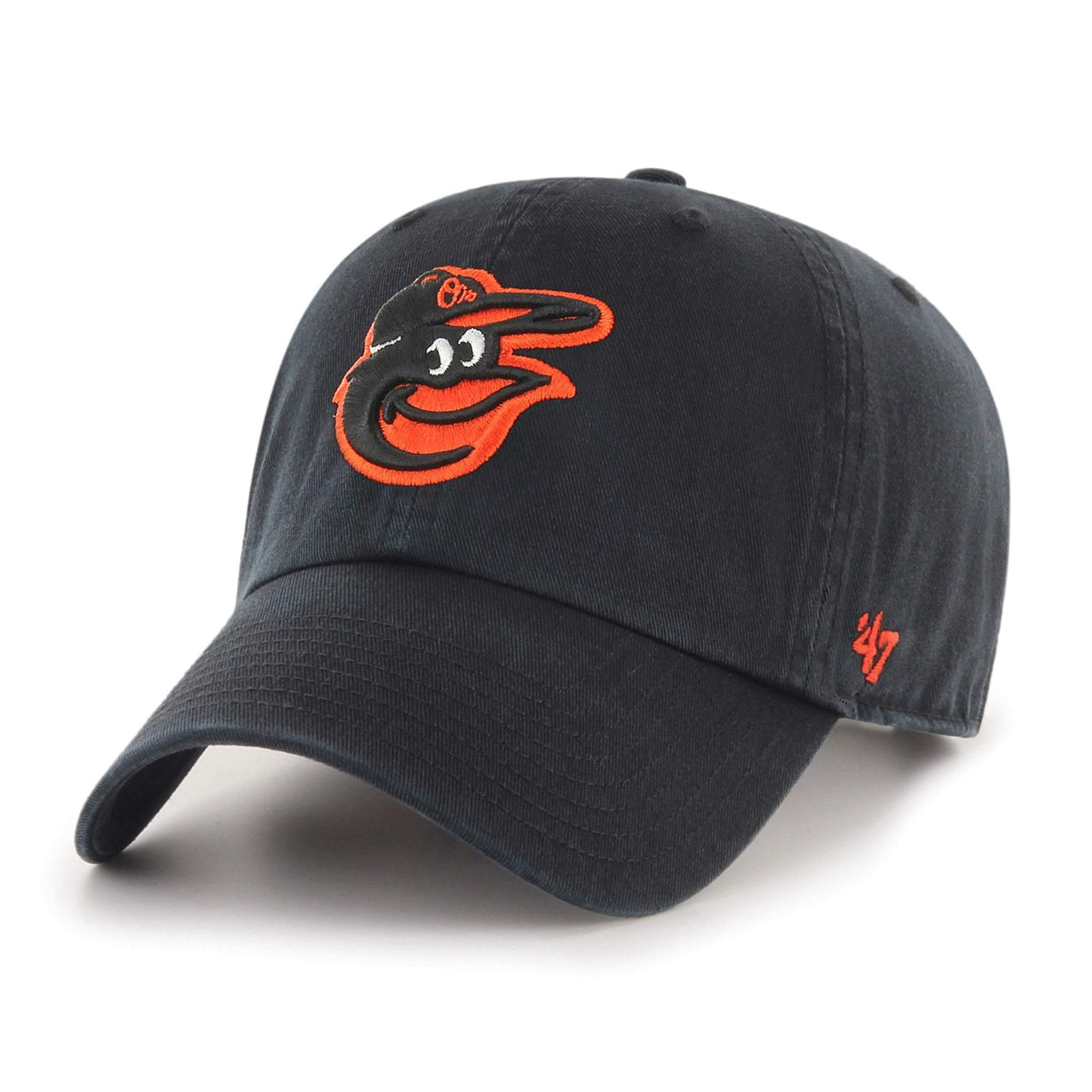 Mens 47 Brand Baltimore Orioles Clean Up Strapback in black with team logo embroidery and adjustable strap 