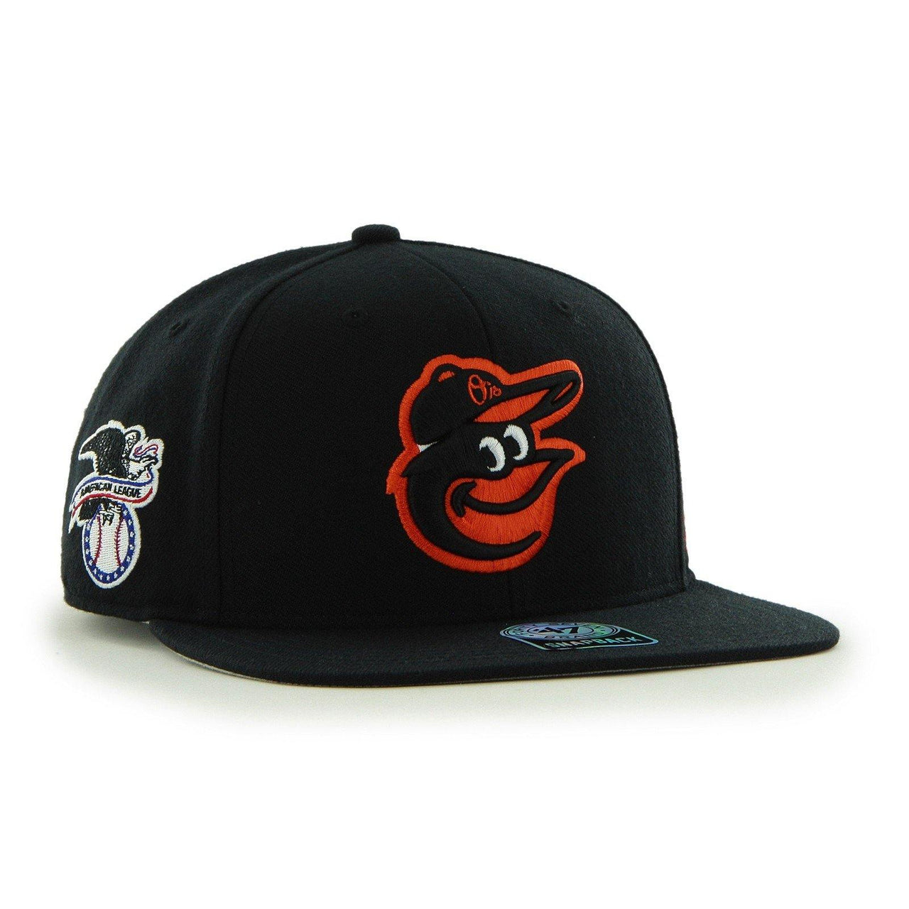 Black Baltimore Orioles Captain Snapback for men with team logo and adjustable fit