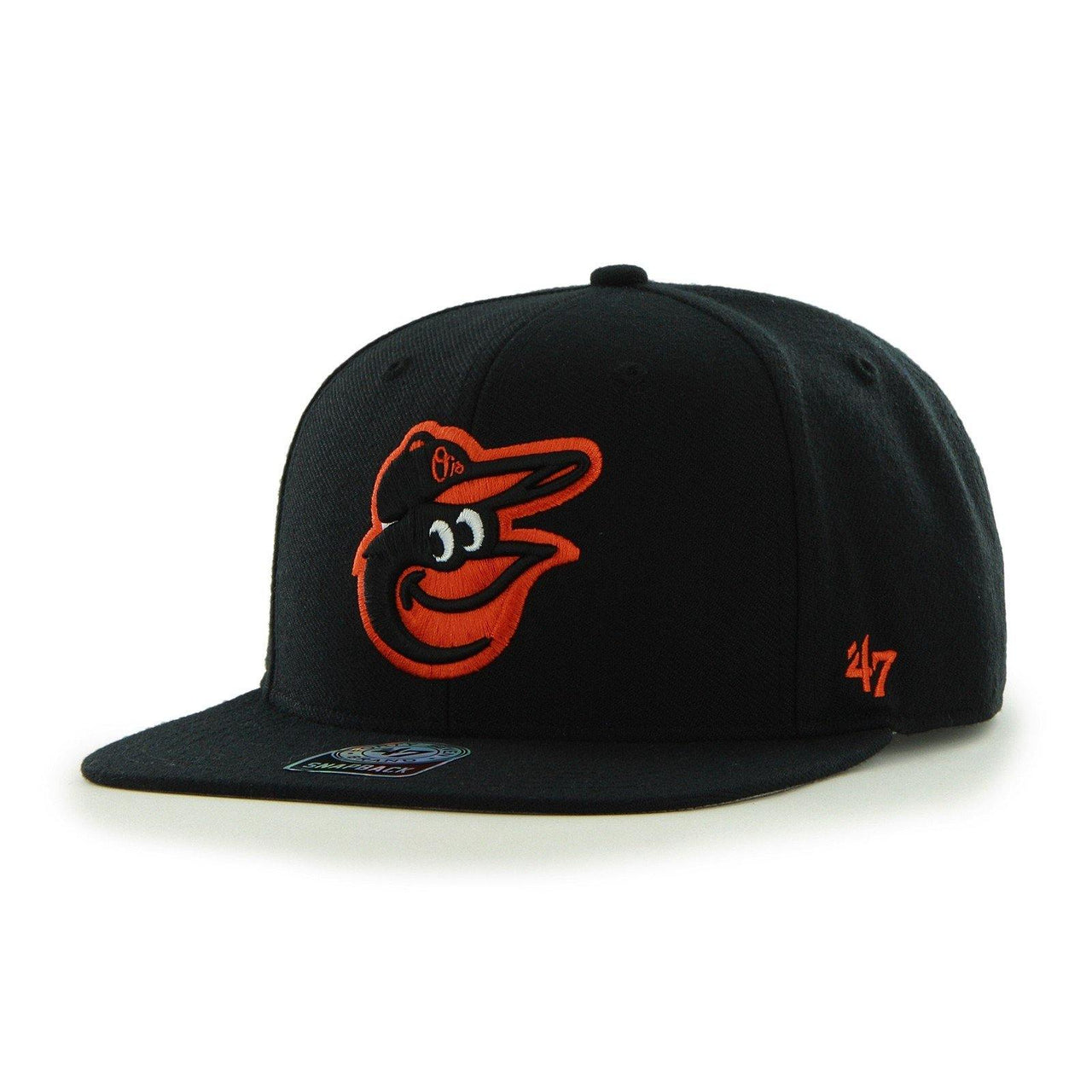 Mens 47 Brand Baltimore Orioles Captain Snapback - Black hat with team logo and adjustable snapback closure