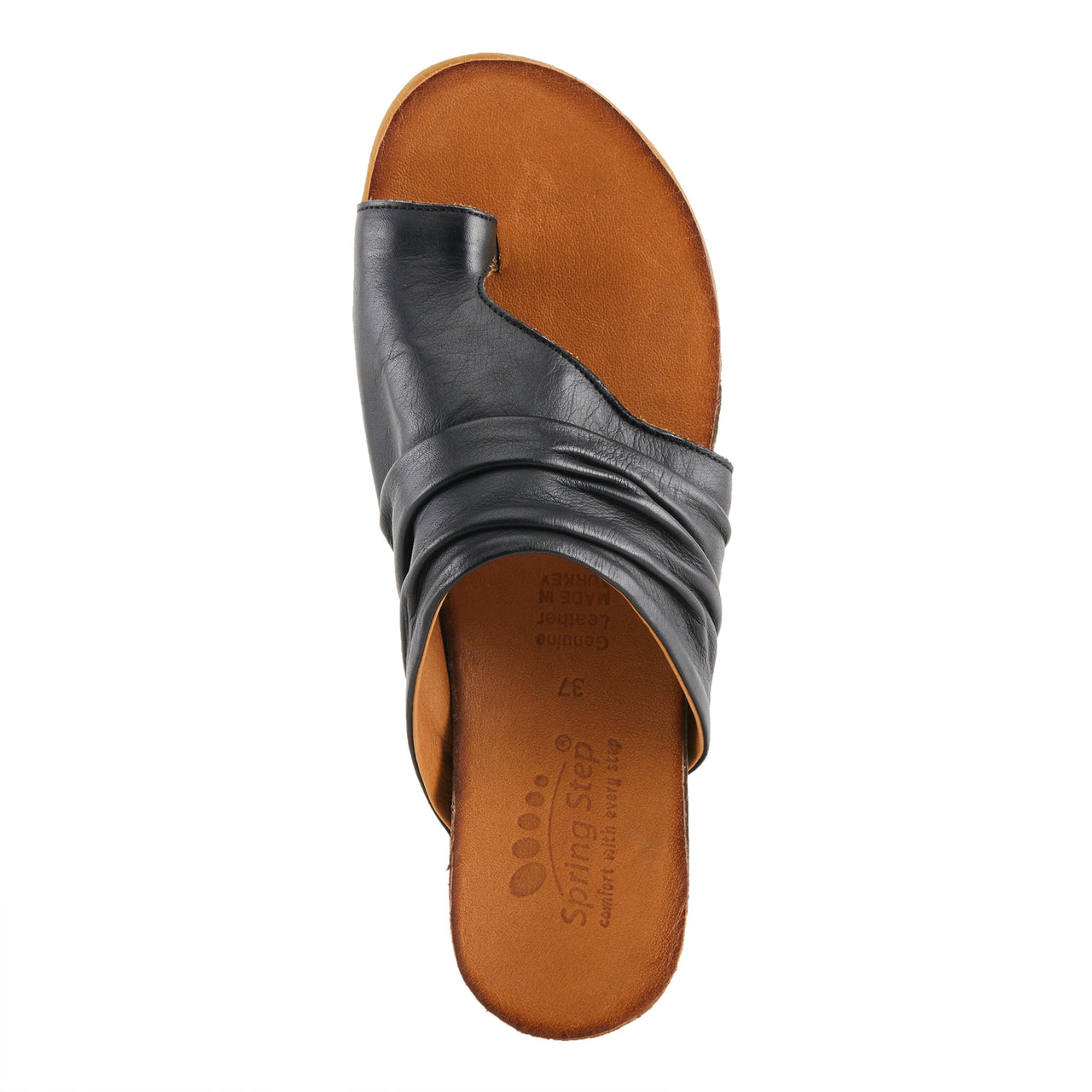 Black leather Spring Step Bates sandals with cushioned insoles and adjustable ankle straps for all-day comfort and style