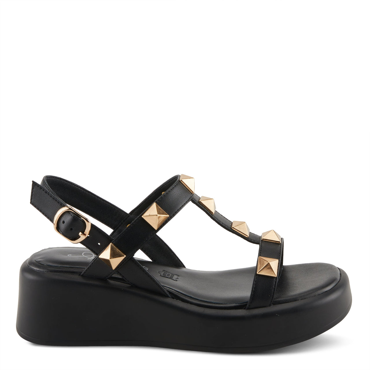 Spring Step Shoes Azura Boogierock Sandals - Women's black leather wedge sandals with metallic embellishments and adjustable ankle strap