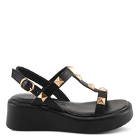 Thumbnail for Spring Step Shoes Azura Boogierock Sandals - Women's black leather wedge sandals with metallic embellishments and adjustable ankle strap