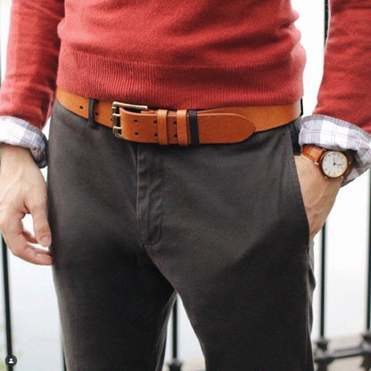Double Prong Jean Belt One And A Half Inch Leather Cognac
