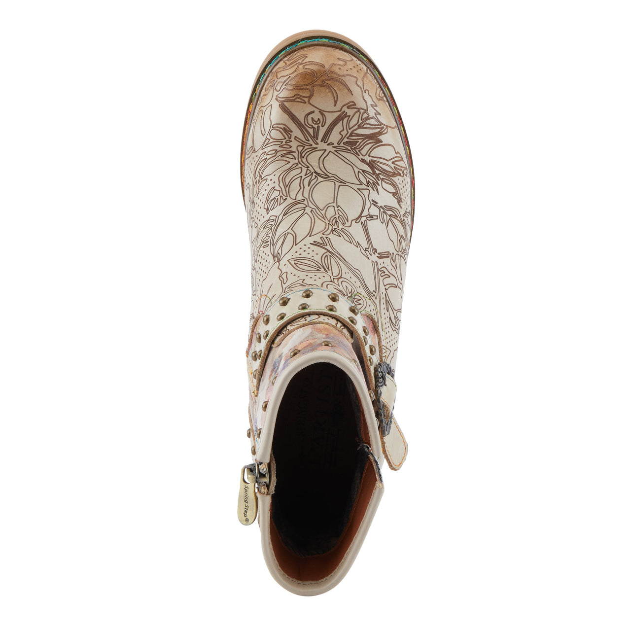 Stunning L'ARTISTE BRANCHOUT BOOTS in distressed tan leather with embossed floral accents