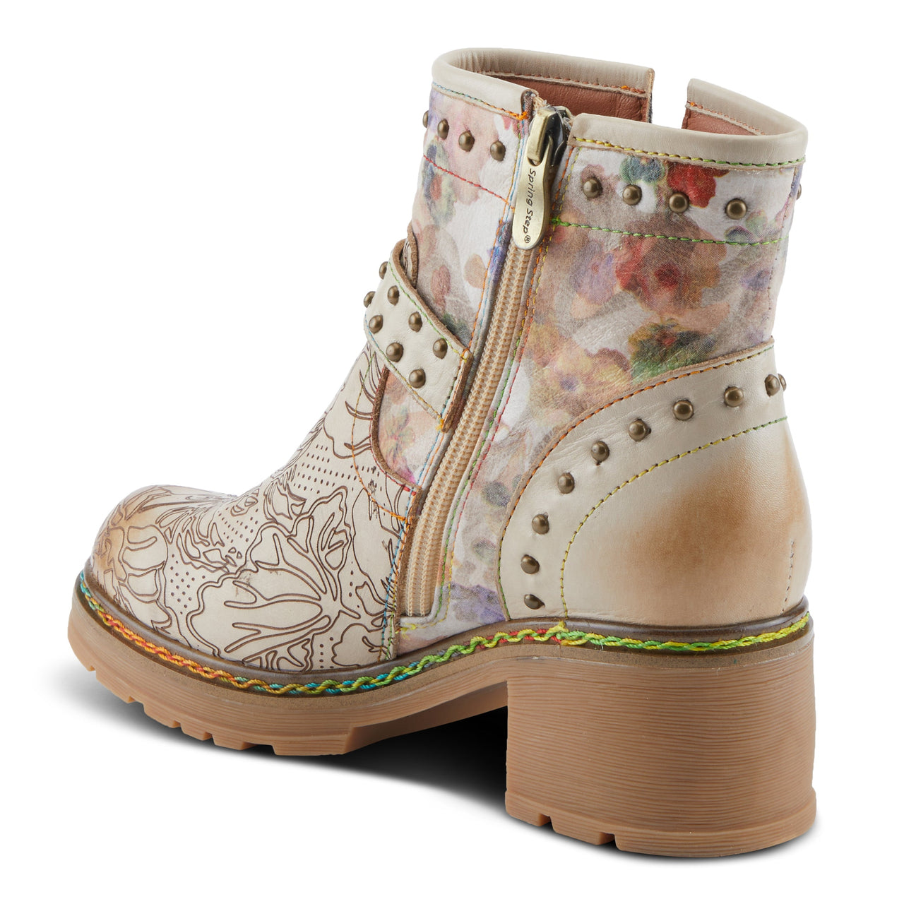 Vibrant L'ARTISTE BRANCHOUT BOOTS in hand-painted leather with floral motif and stacked heel