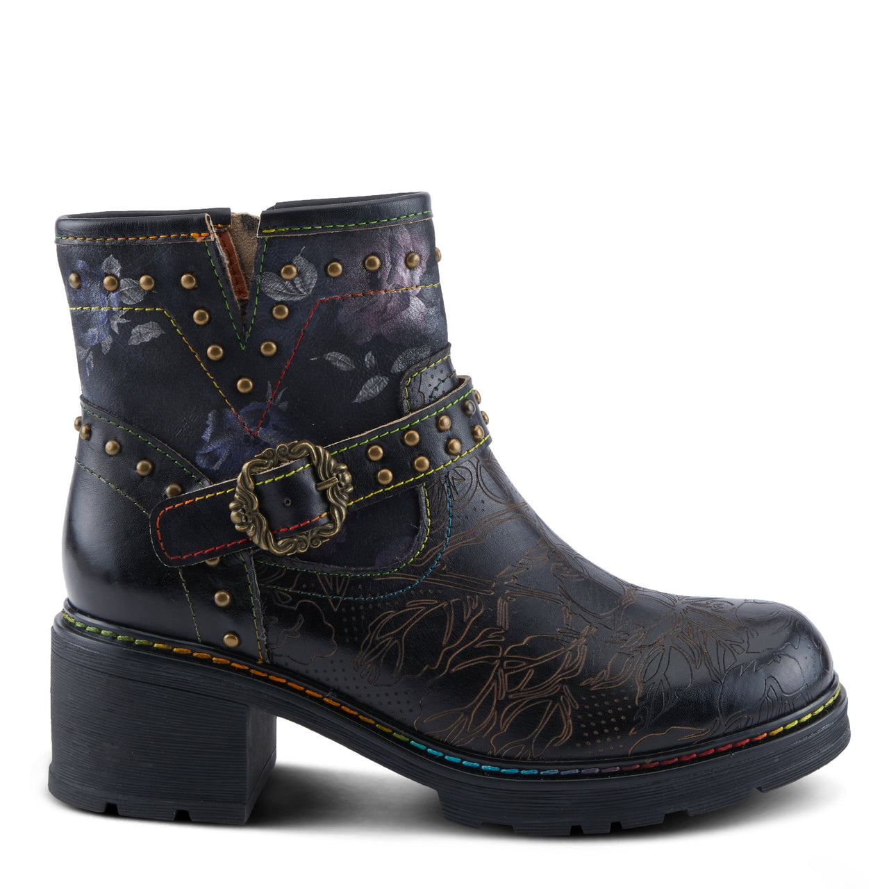 Chic L'ARTISTE BRANCHOUT BOOTS in black leather with vibrant floral motif