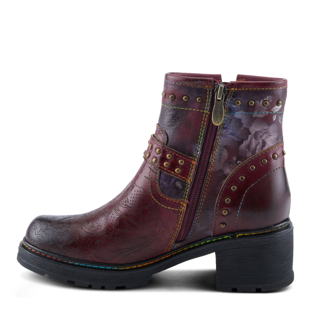 Elegant L'ARTISTE BRANCHOUT BOOTS in deep red leather with embossed floral accents