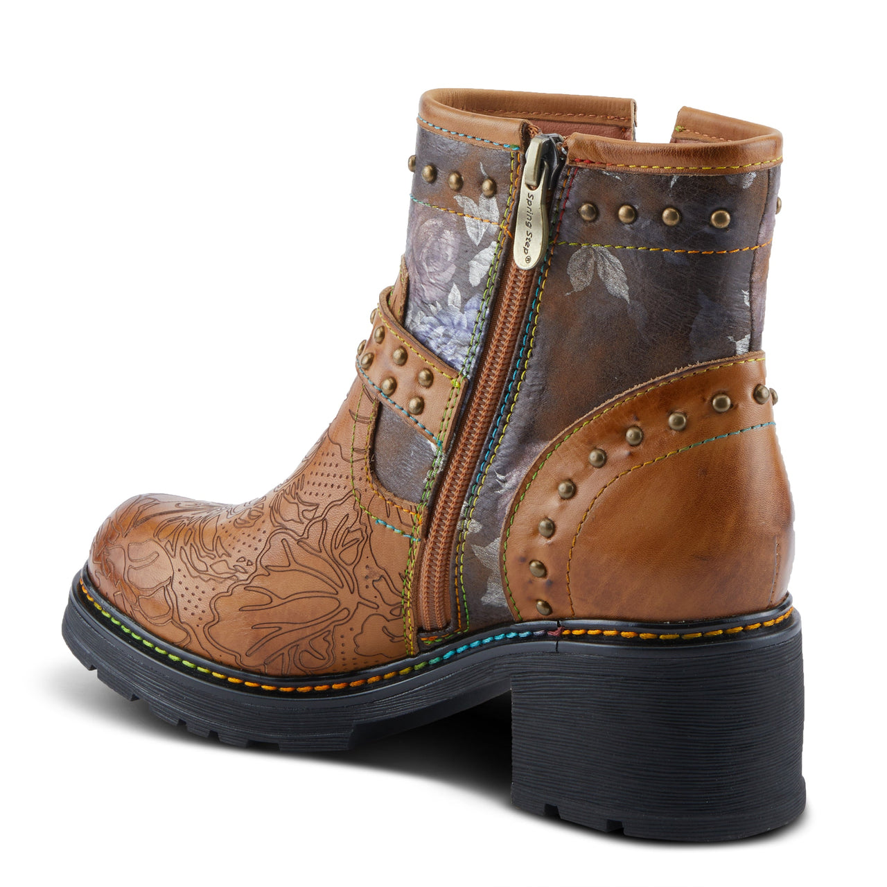 Trendy L'ARTISTE BRANCHOUT BOOTS in vintage-inspired two-tone leather with colorful floral design