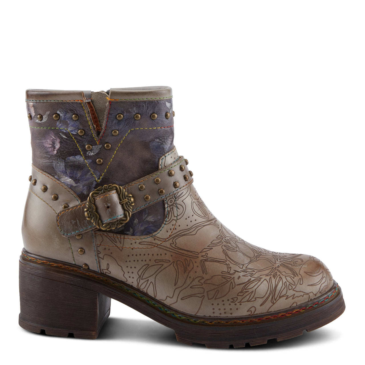 L'ARTISTE BRANCHOUT BOOTS in rich brown leather with floral embroidery and stacked heel