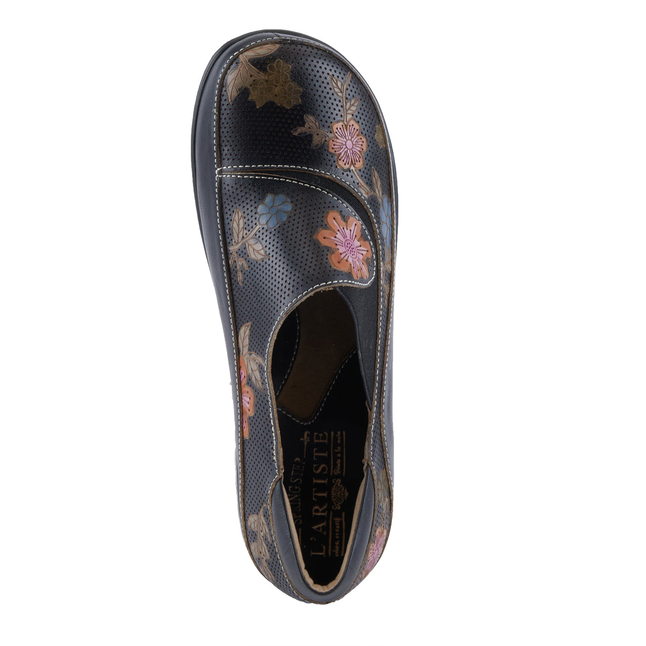 Pair of hand-painted leather clogs with floral design by L'ARTISTE BURBANK-FLOWER