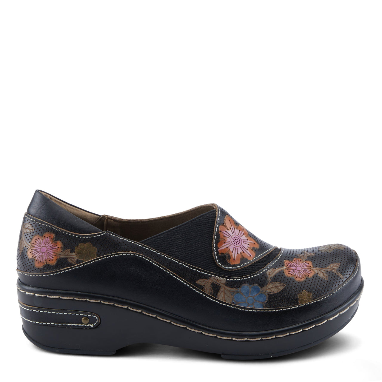 Pair of hand-painted leather clogs featuring colorful floral design by L'Artiste Burbank