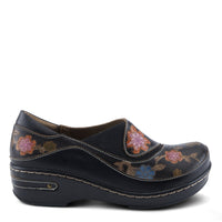 Thumbnail for Pair of hand-painted leather clogs featuring colorful floral design by L'Artiste Burbank