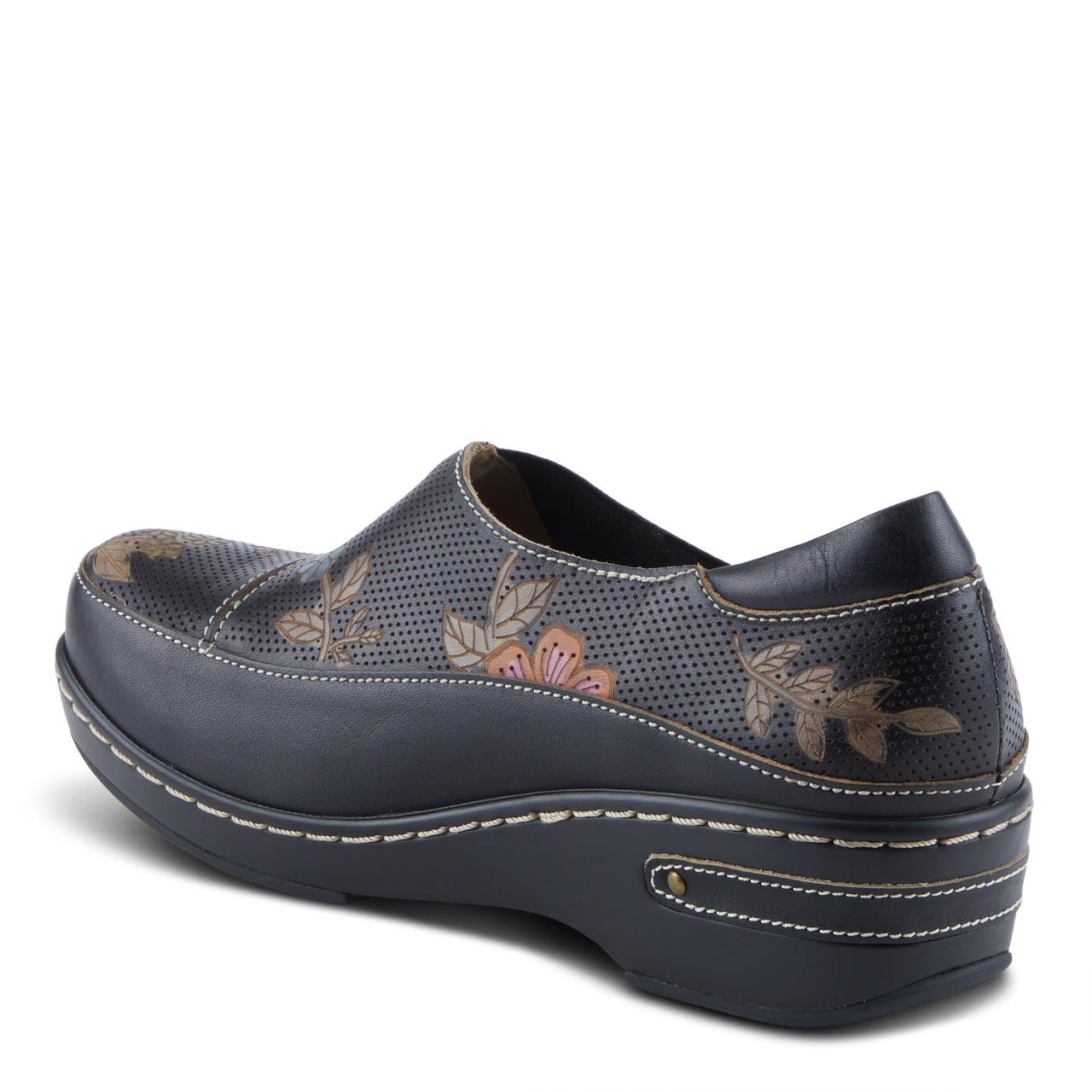 Pair of hand-painted leather clogs featuring vibrant floral design by L'Artiste