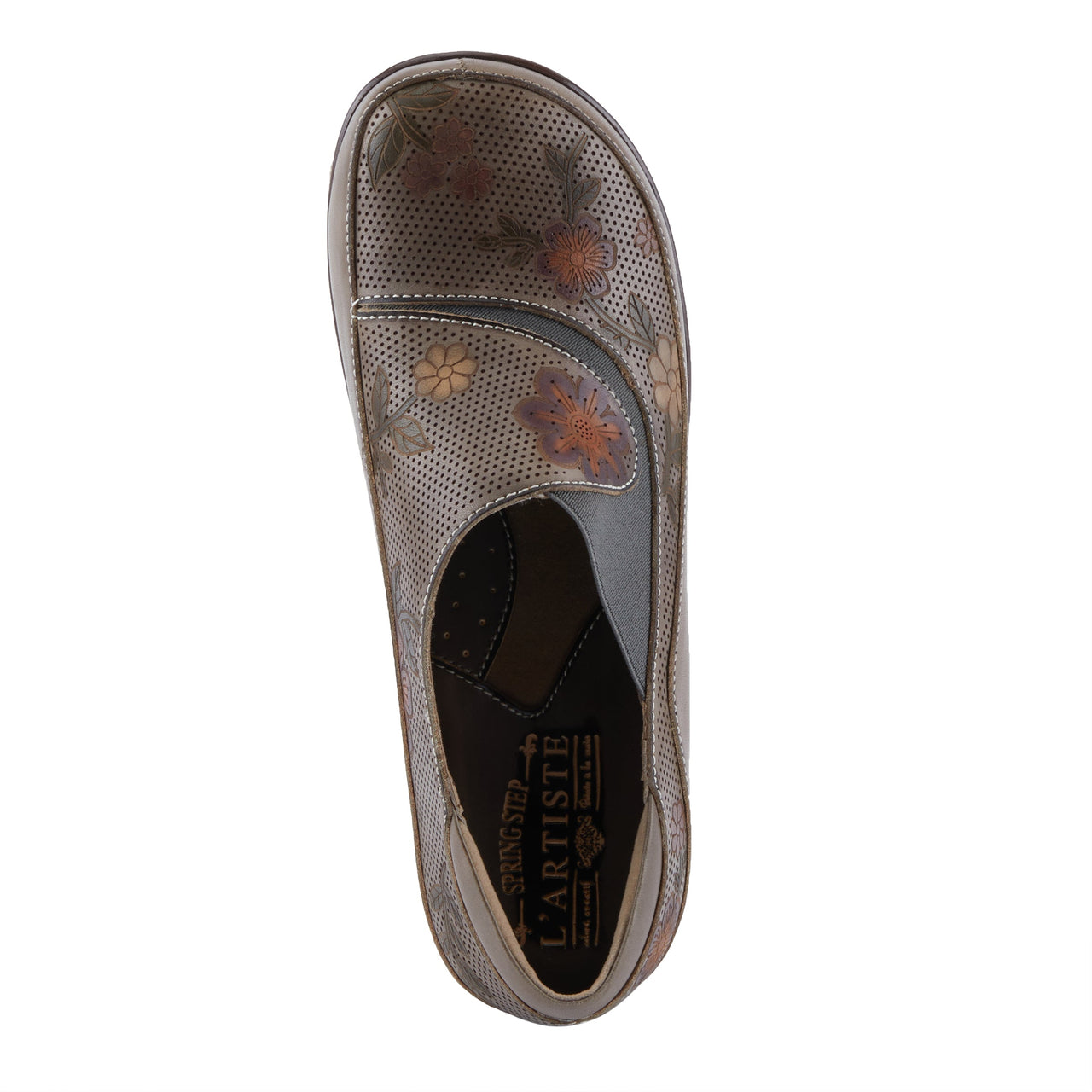 Hand-painted leather clogs in a vibrant floral design by L'Artiste Burbank