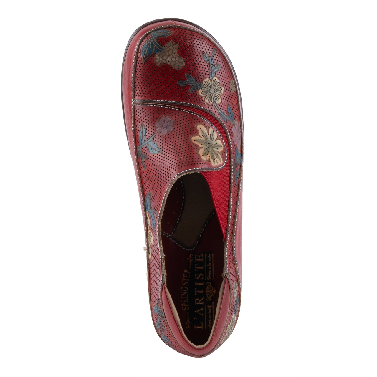 Hand-painted leather clog shoes in a vibrant floral pattern by L'ARTISTE