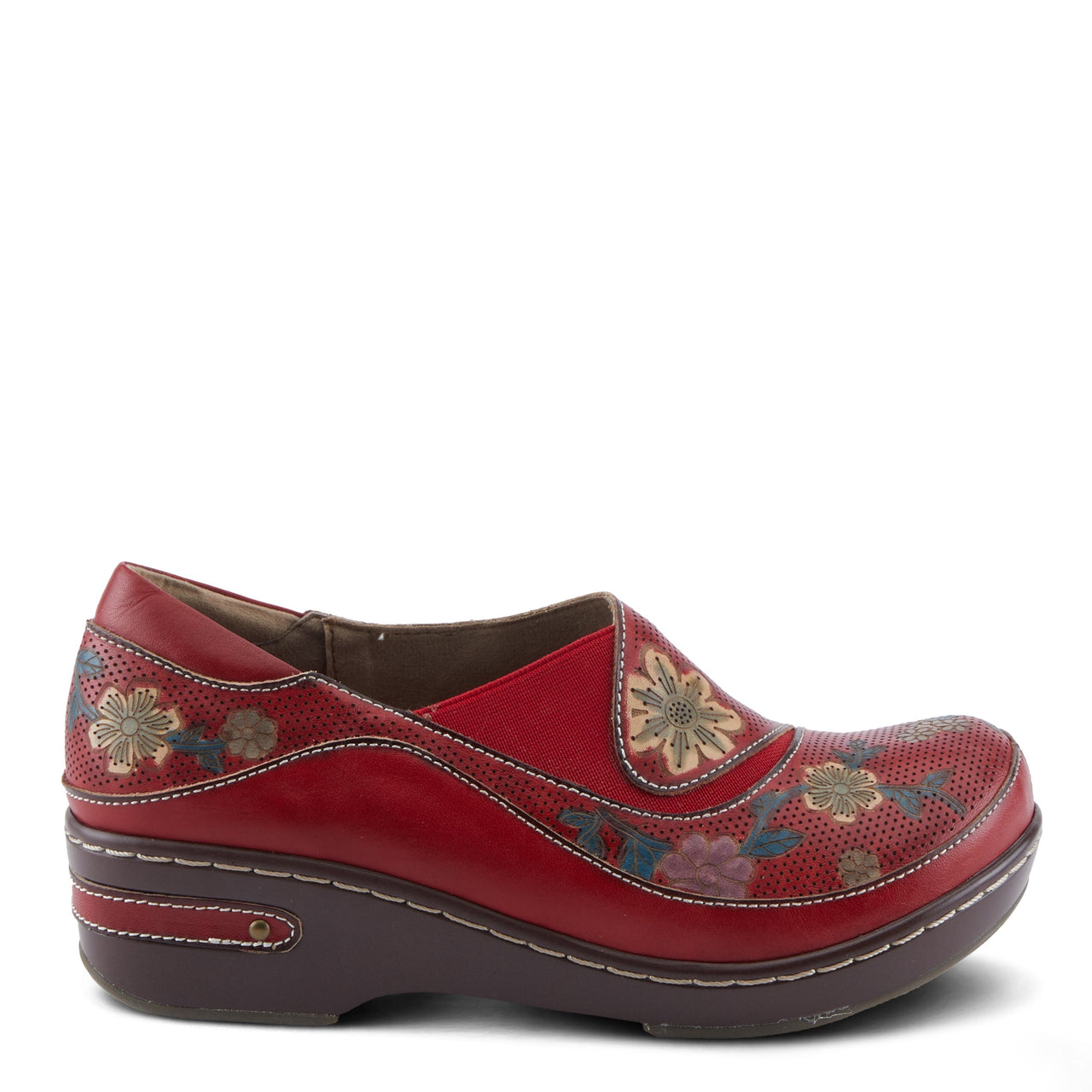 A close-up image of the L'ARTISTE BURBANK-FLOWER CLOGS, featuring hand-painted floral designs and a comfortable, slip-on style