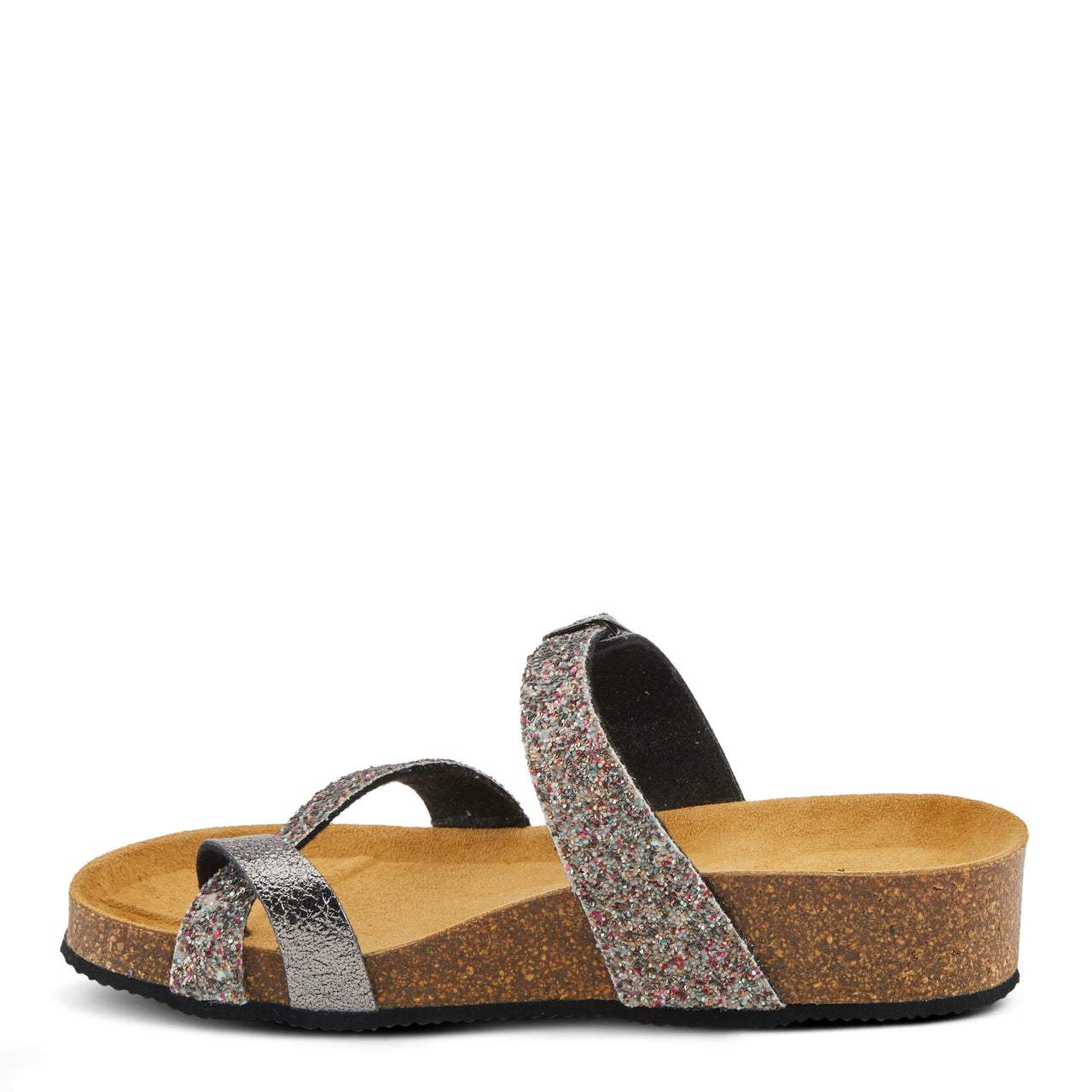 Spring Step Burch Sandals in metallic silver leather with cushioned footbed and slip-on design