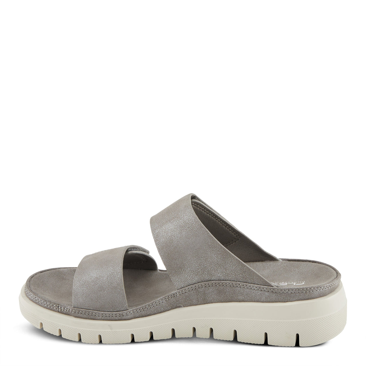 Fashionable Spring Step Shoes Flexus Buttony Sandals in metallic silver nubuck with decorative button accents