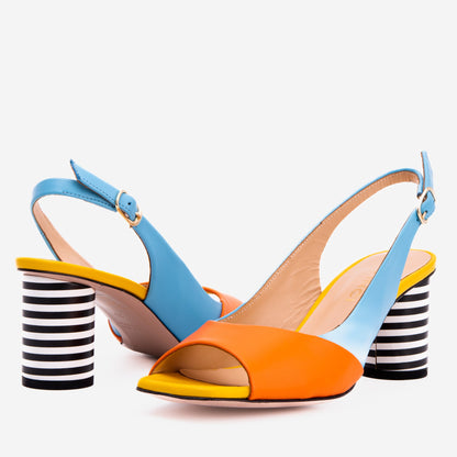 The Spectrum Blue / Orange Block Heel Leather Women Sandal